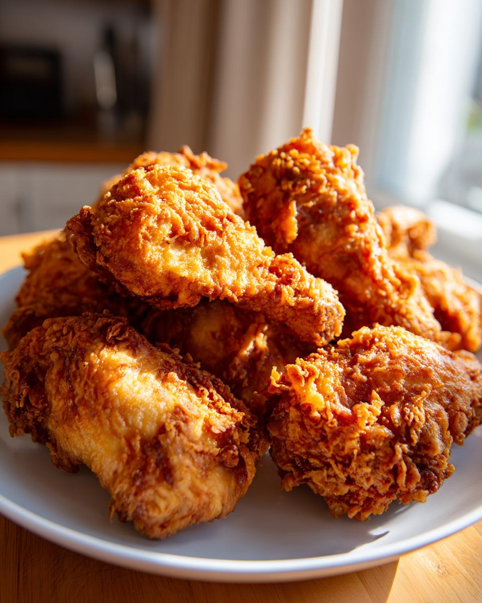 A close-up shot of a pile of golden-brown, crispy fried chicken pieces on a white plate.
