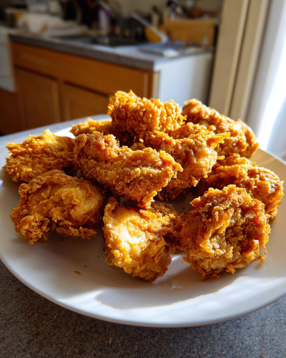 A generous pile of golden-brown, crispy fried chicken pieces served on a white plate.