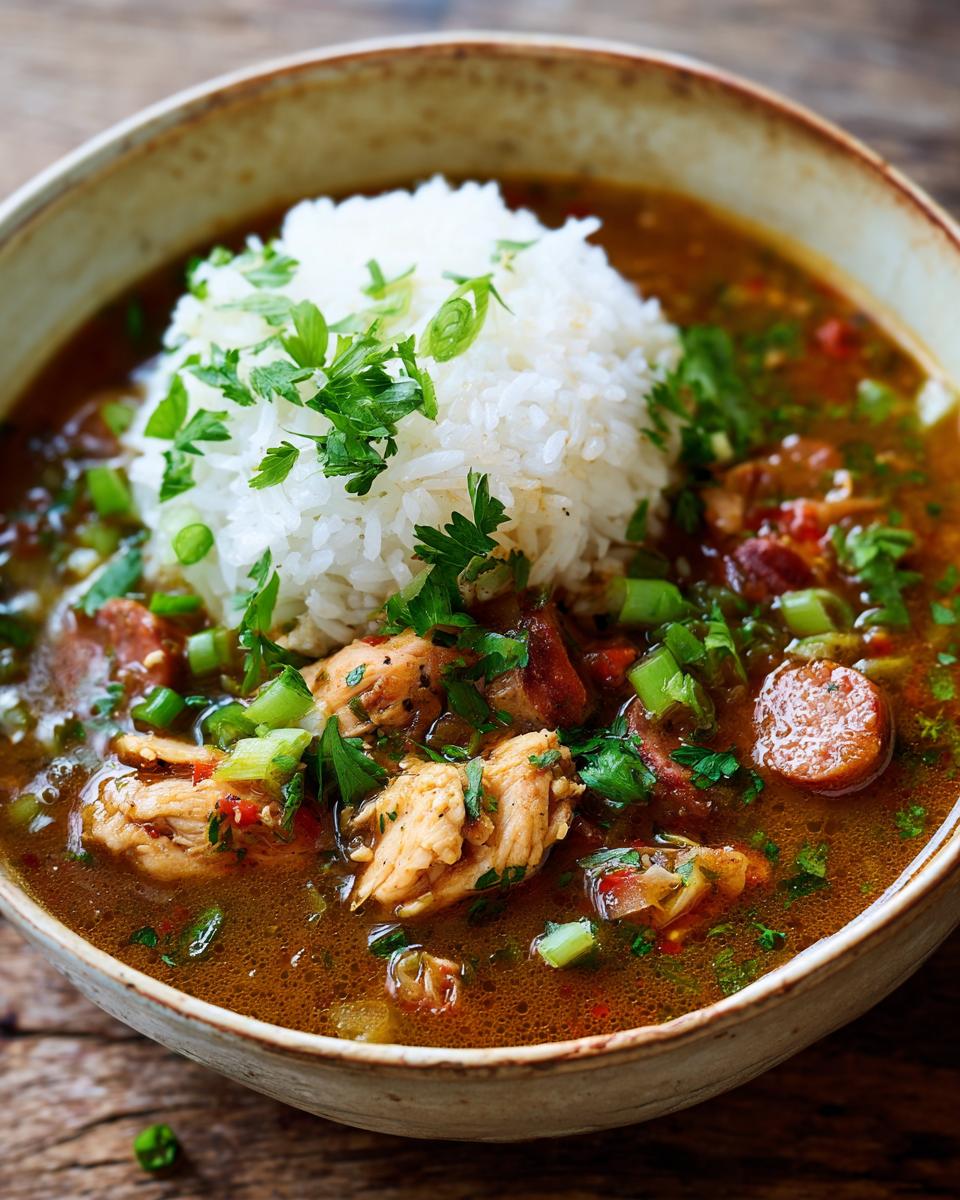 A close-up of a hearty bowl of Gumbo, featuring tender chicken, sliced sausage, and a mound of white rice topped with fresh parsley and green onions.