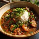 A close-up of a bowl of Gumbo, filled with chicken, sausage, shrimp, and rice, topped with chopped green onions.