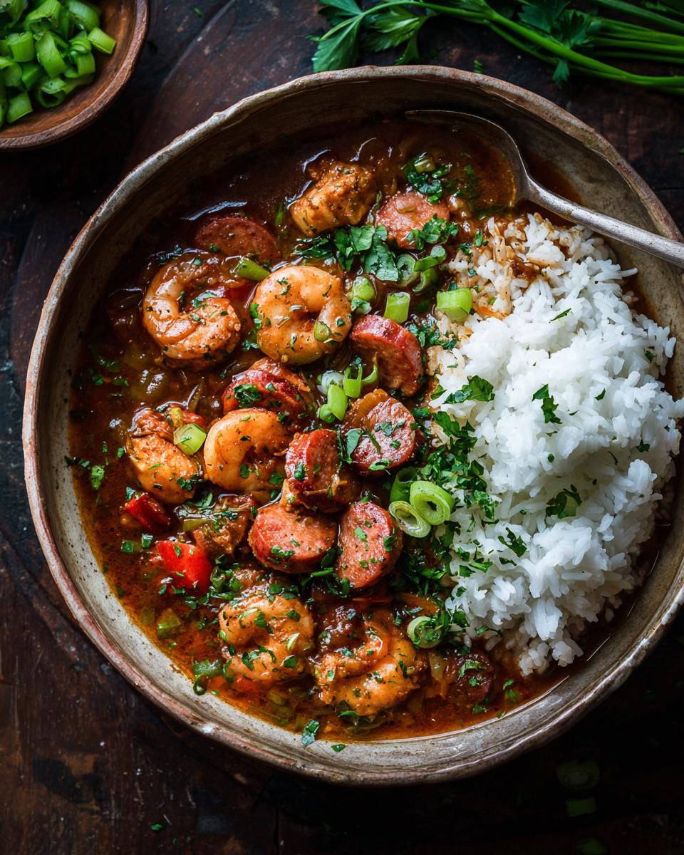 A hearty bowl of delicious Gumbo filled with shrimp, sausage, and served with rice and parsley.