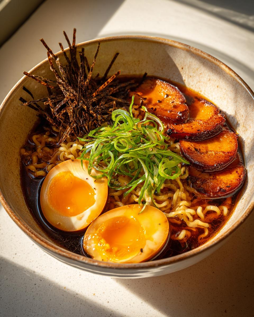 A close-up of a delicious ramen bowl featuring noodles, soft-boiled eggs, sliced pork, and green onions.