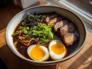 A close-up of a steaming bowl of delicious ramen, featuring tender pork belly, a perfectly cooked egg, and fresh green onions.