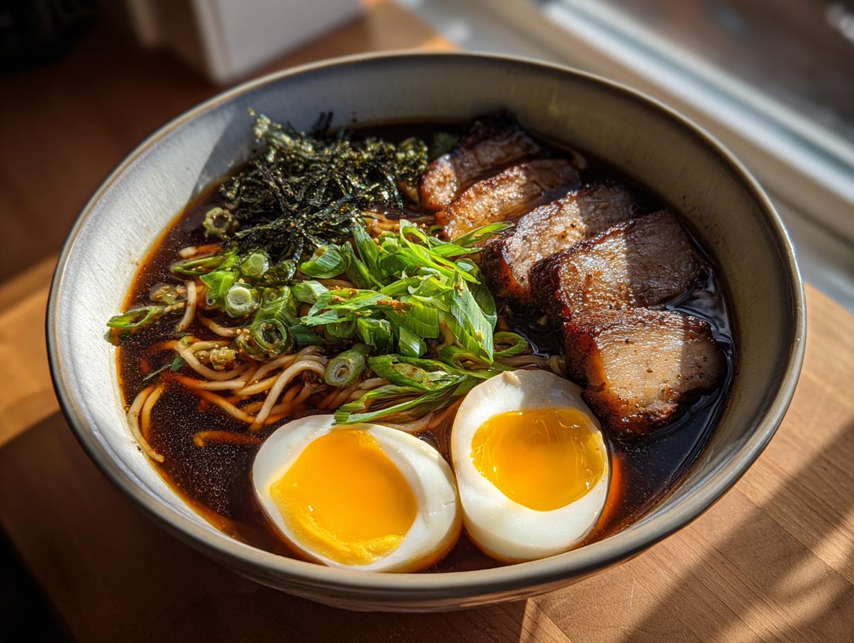 A close-up of a steaming bowl of delicious ramen, featuring tender pork belly, a perfectly cooked egg, and fresh green onions.