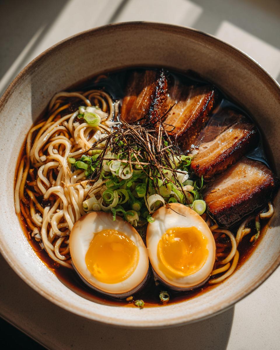 A close-up of a delicious ramen bowl featuring tender pork belly, perfectly cooked ramen noodles, and soft-boiled eggs.