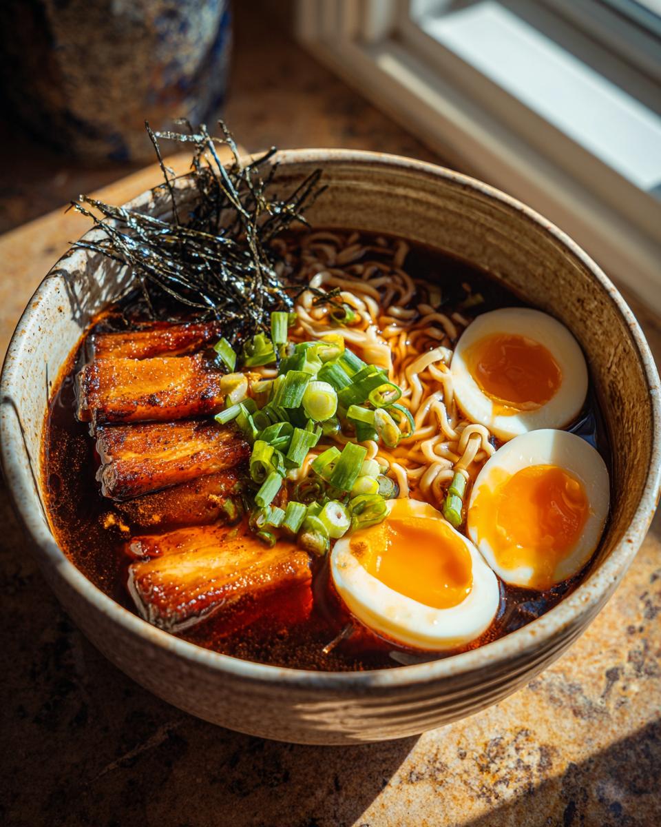 A close-up of a delicious ramen bowl featuring tender pork belly, soft-boiled eggs, noodles, and green onions.