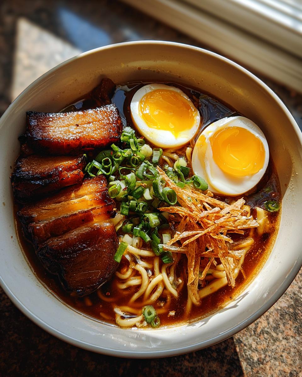 A close-up of a steaming bowl of delicious ramen, featuring tender pork belly, a perfectly soft-boiled egg, and fresh scallions.