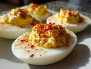 Close-up of perfectly prepared deviled eggs, sprinkled with paprika, ready to serve.