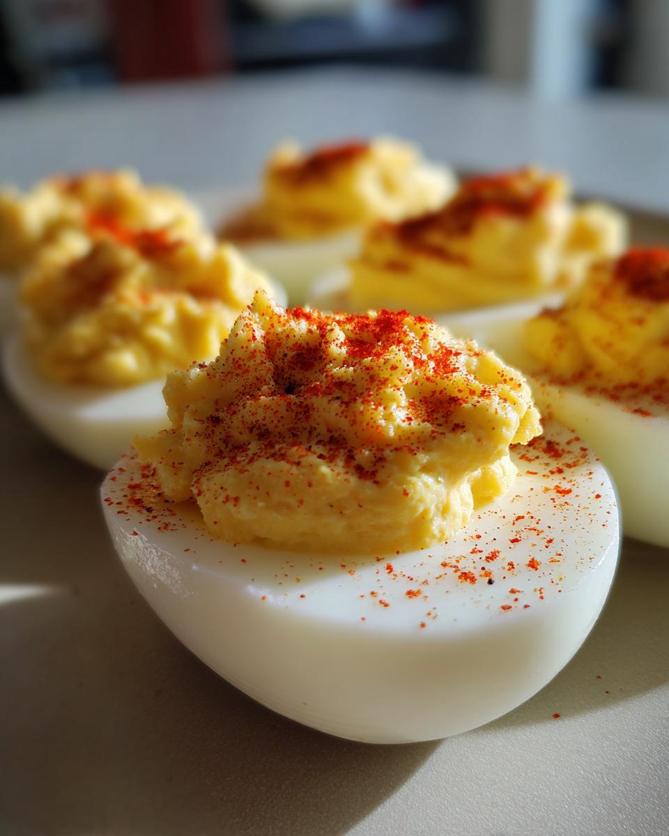 Close-up of perfectly prepared deviled eggs, generously filled and sprinkled with paprika.