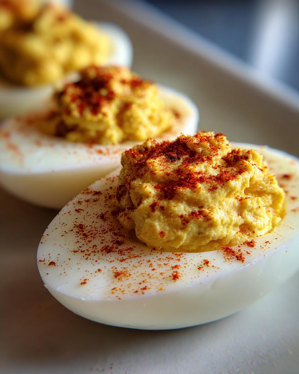 Close-up of classic deviled eggs, generously filled and sprinkled with paprika.