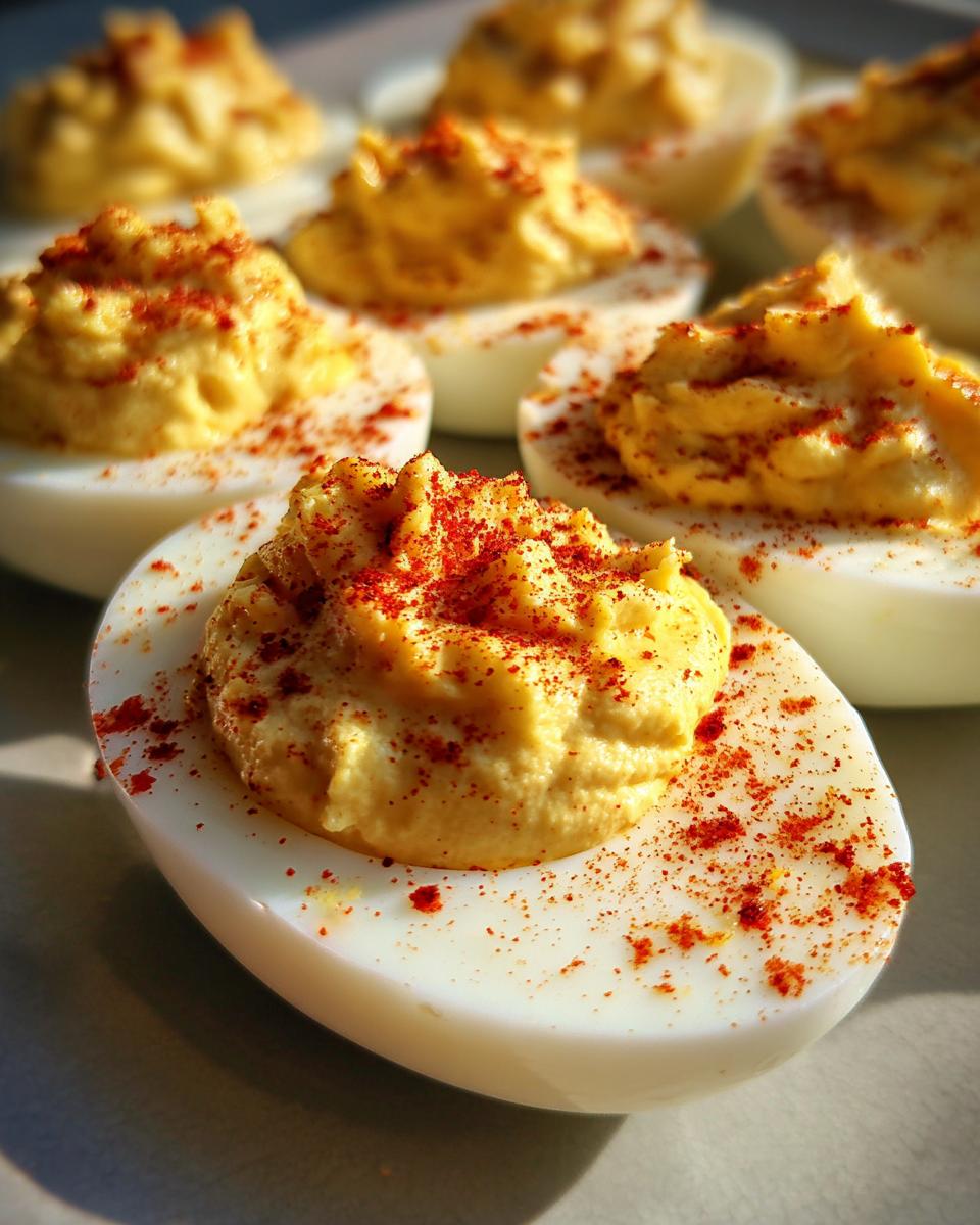 Close-up of creamy deviled eggs sprinkled with paprika, ready to serve.