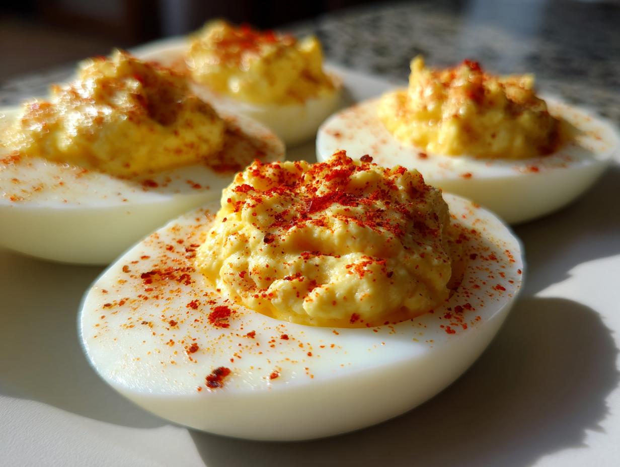Close-up of perfectly prepared deviled eggs, sprinkled with paprika, ready to serve.