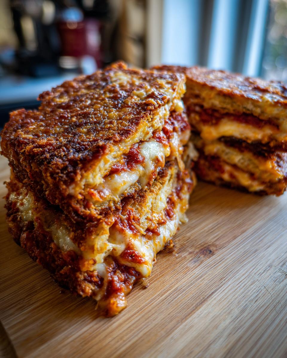 Close-up of a delicious Eggplant Parmesan sandwich, showing layers of breaded eggplant, marinara sauce, and melted cheese.
