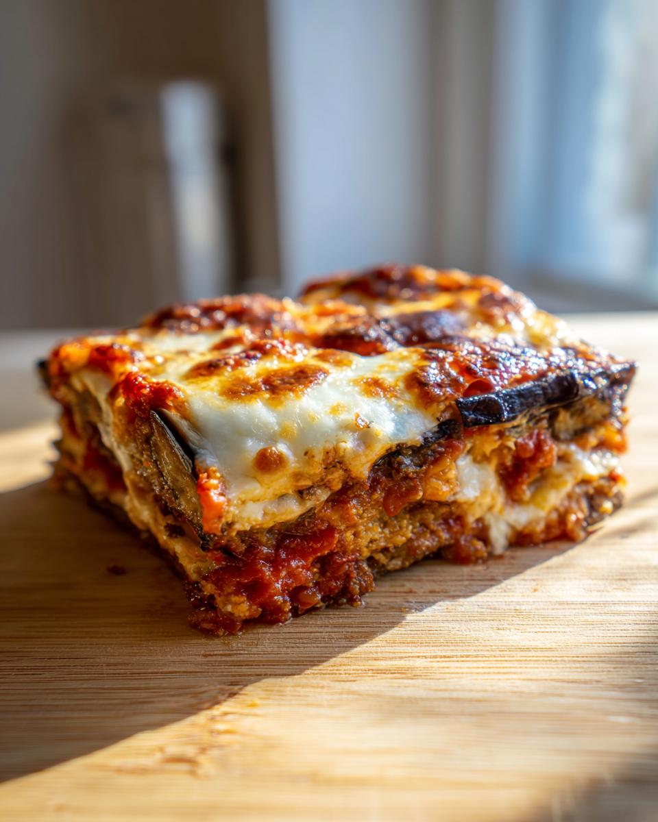 A close-up, mouth-watering slice of Eggplant Parmesan with melted cheese and rich tomato sauce.