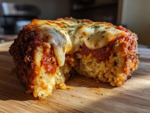 A close-up of a golden brown slice of Eggplant Parmesan, with melted cheese and marinara sauce.