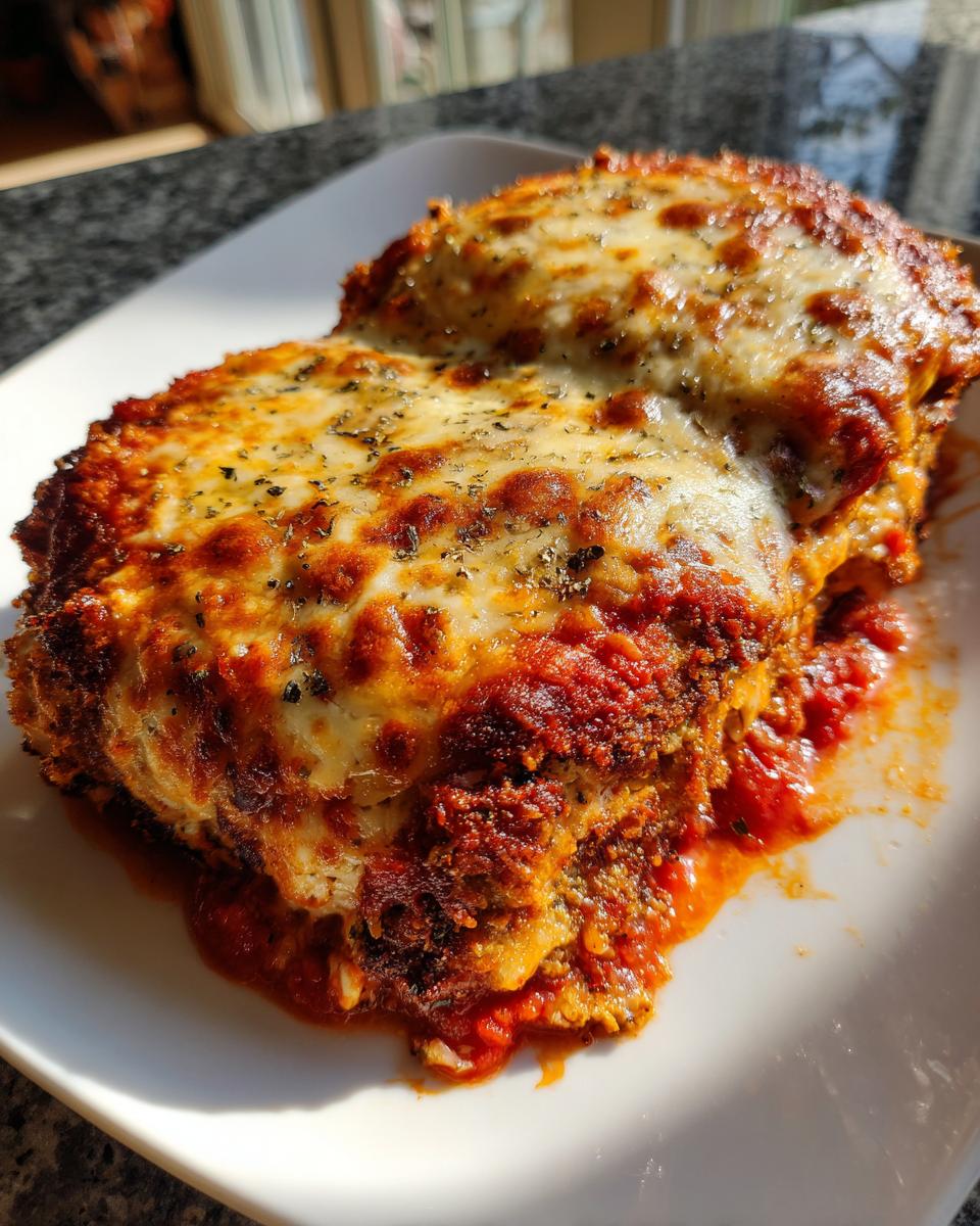 A close-up view of a delicious slice of Eggplant Parmesan, with melted cheese and rich tomato sauce.