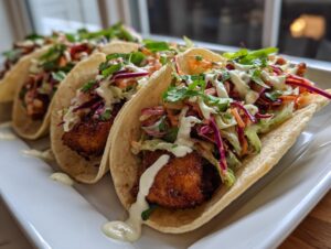 Close-up of three delicious fish tacos filled with crispy fried fish, colorful slaw, and creamy sauce.