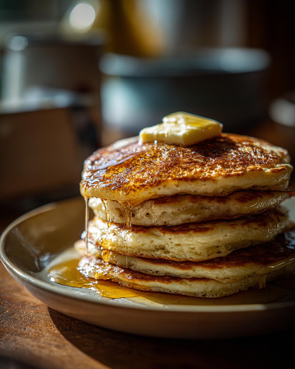 A stack of fluffy pancakes topped with butter and dripping with syrup.