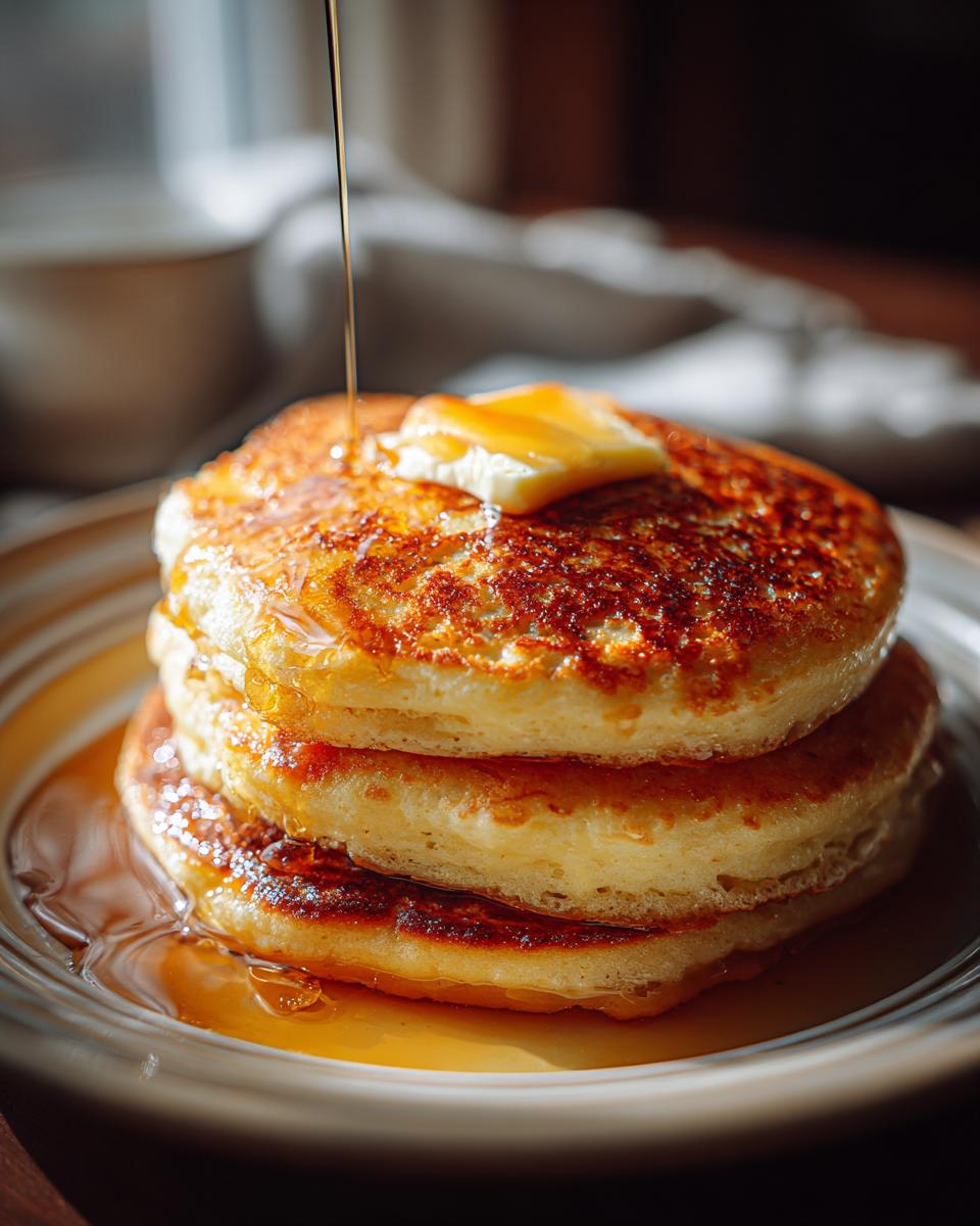 A stack of three fluffy pancakes, topped with butter and drizzled with maple syrup.
