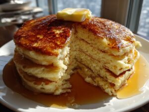 A stack of fluffy pancakes topped with butter and syrup, showcasing the simple 10-minute recipe.