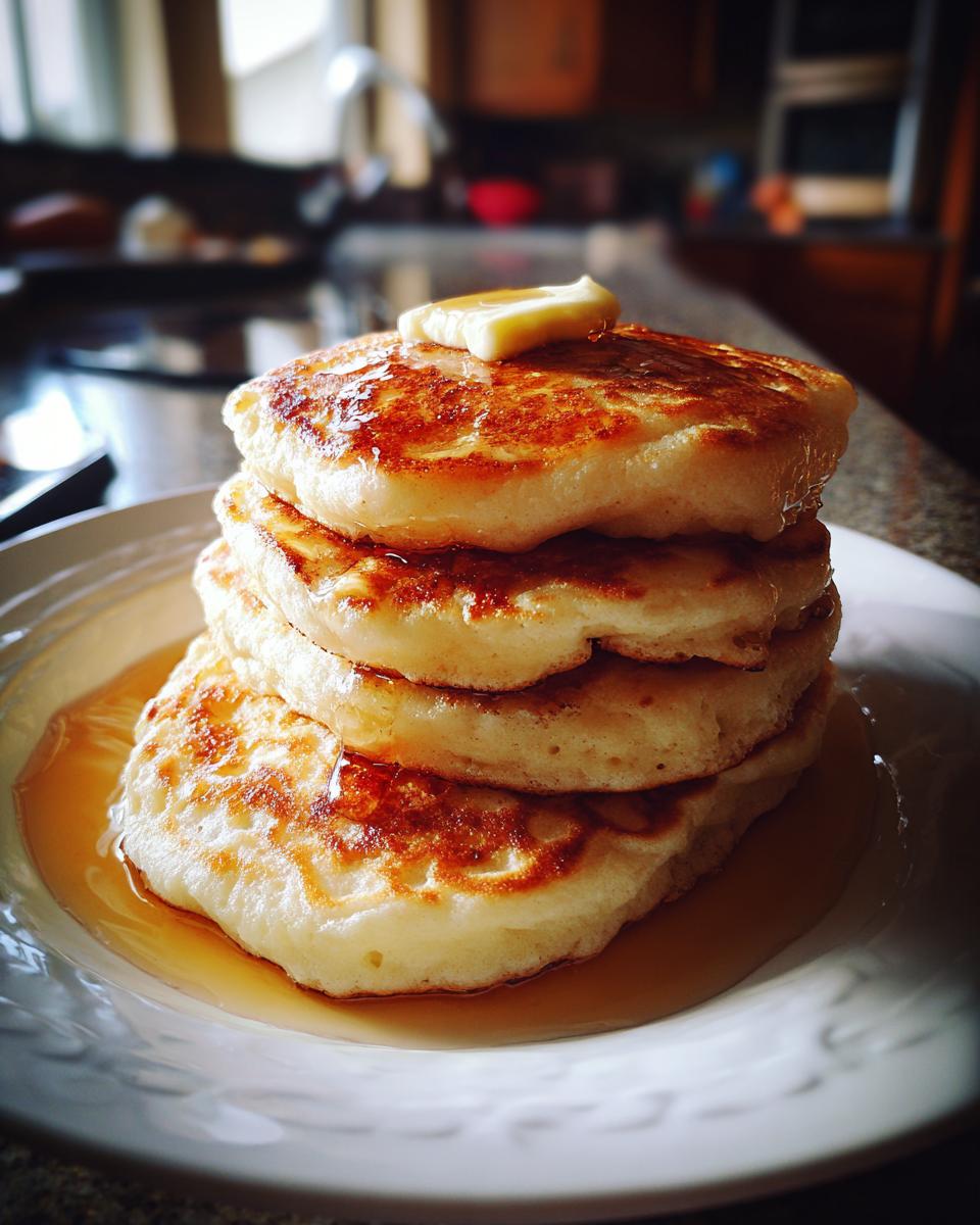 A stack of fluffy pancakes topped with a pat of butter and drizzled with syrup.