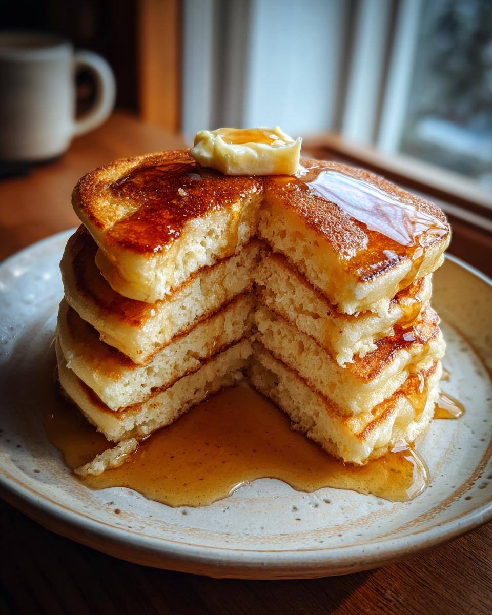 A tall stack of fluffy pancakes, drizzled with syrup and topped with a pat of butter.
