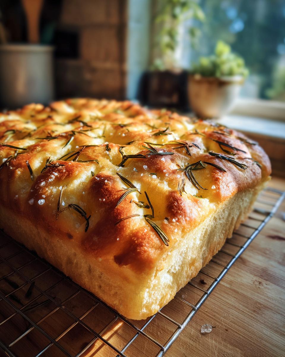 Close-up of a golden-brown focaccia bread loaf topped with fresh rosemary sprigs and coarse sea salt, resting on a cooling rack.