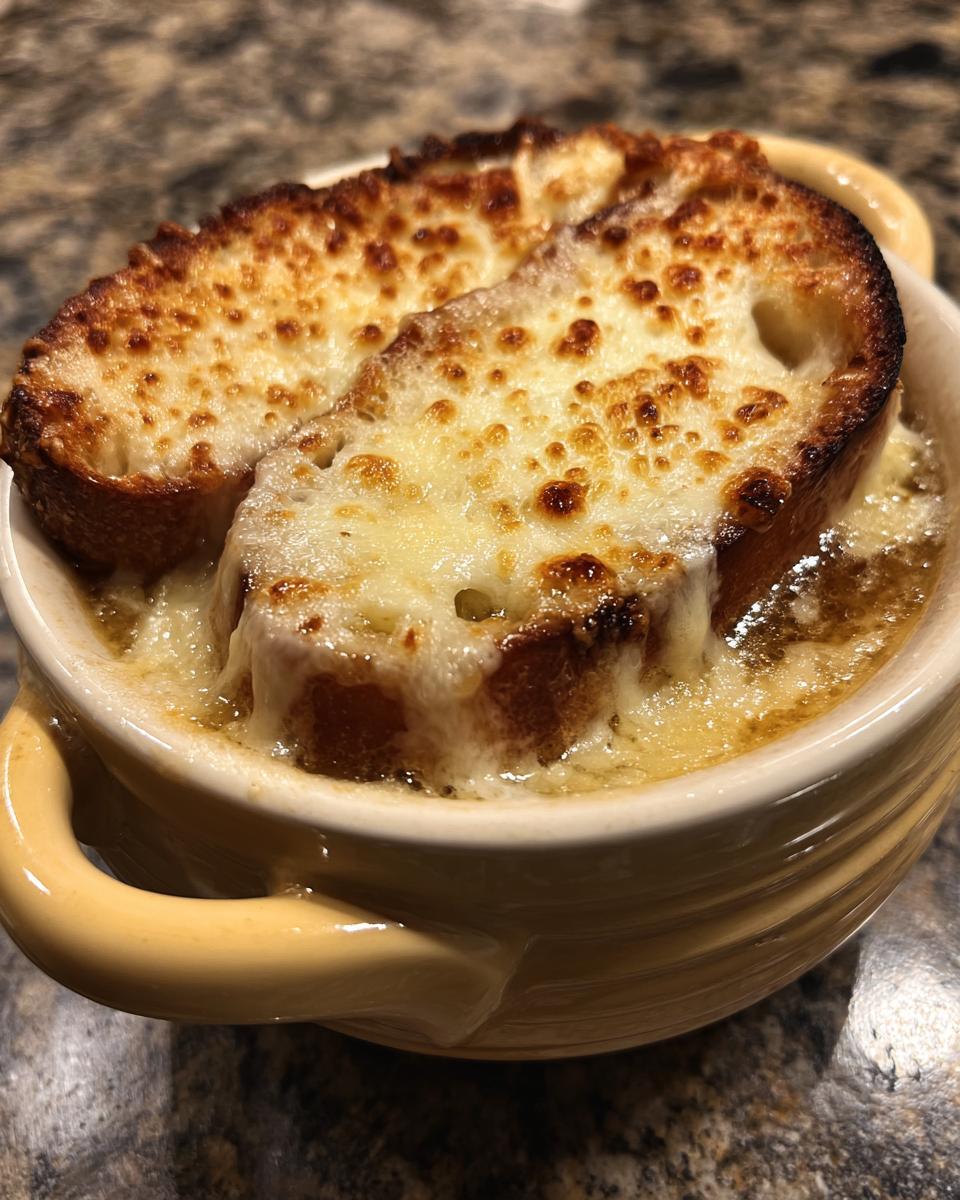 A close-up of a bowl of French onion soup topped with melted, browned cheese and toasted bread.