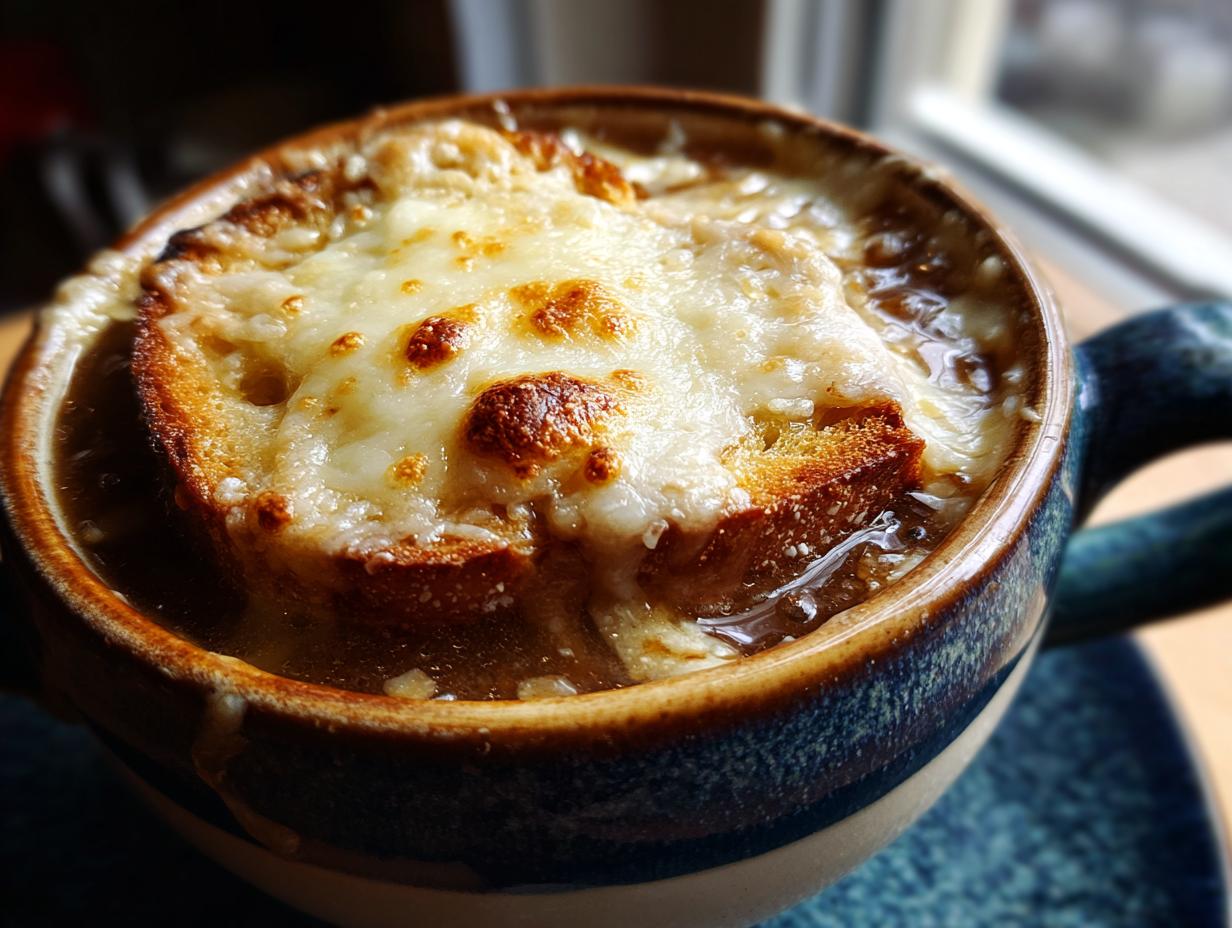 Close-up of a steaming bowl of French onion soup topped with a thick layer of melted, golden-brown cheese and toasted bread.