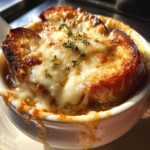 A close-up of a bowl of French onion soup topped with a golden-brown, melted cheese crouton and fresh thyme.