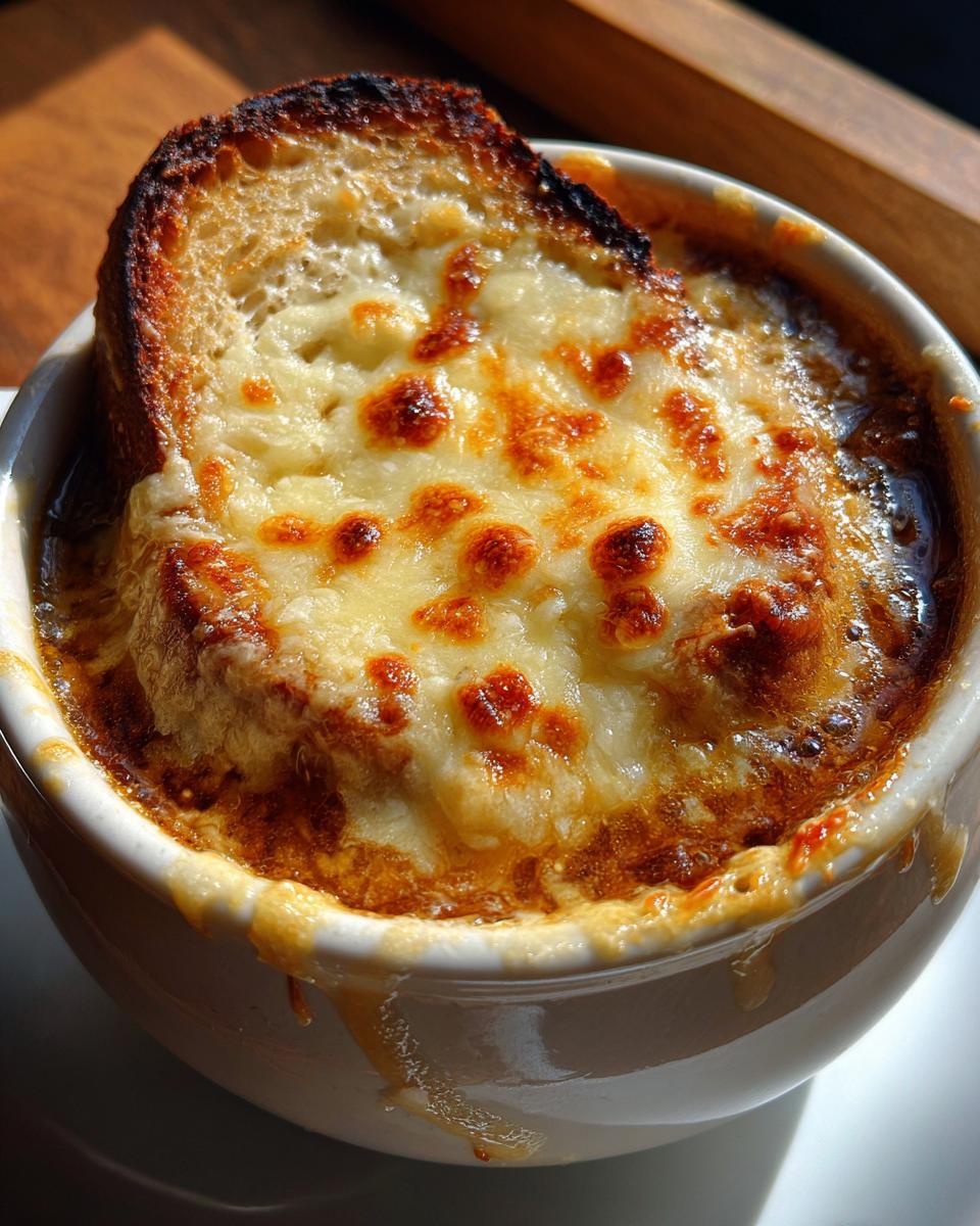 Close-up of a bowl of French onion soup topped with melted, golden-brown cheese and a toasted bread slice.