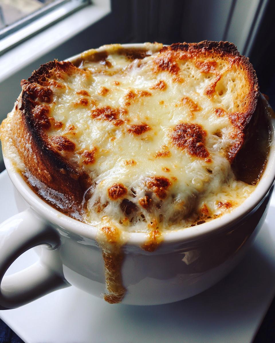 A close-up of a bowl of French onion soup topped with a crusty bread slice and melted, browned cheese.