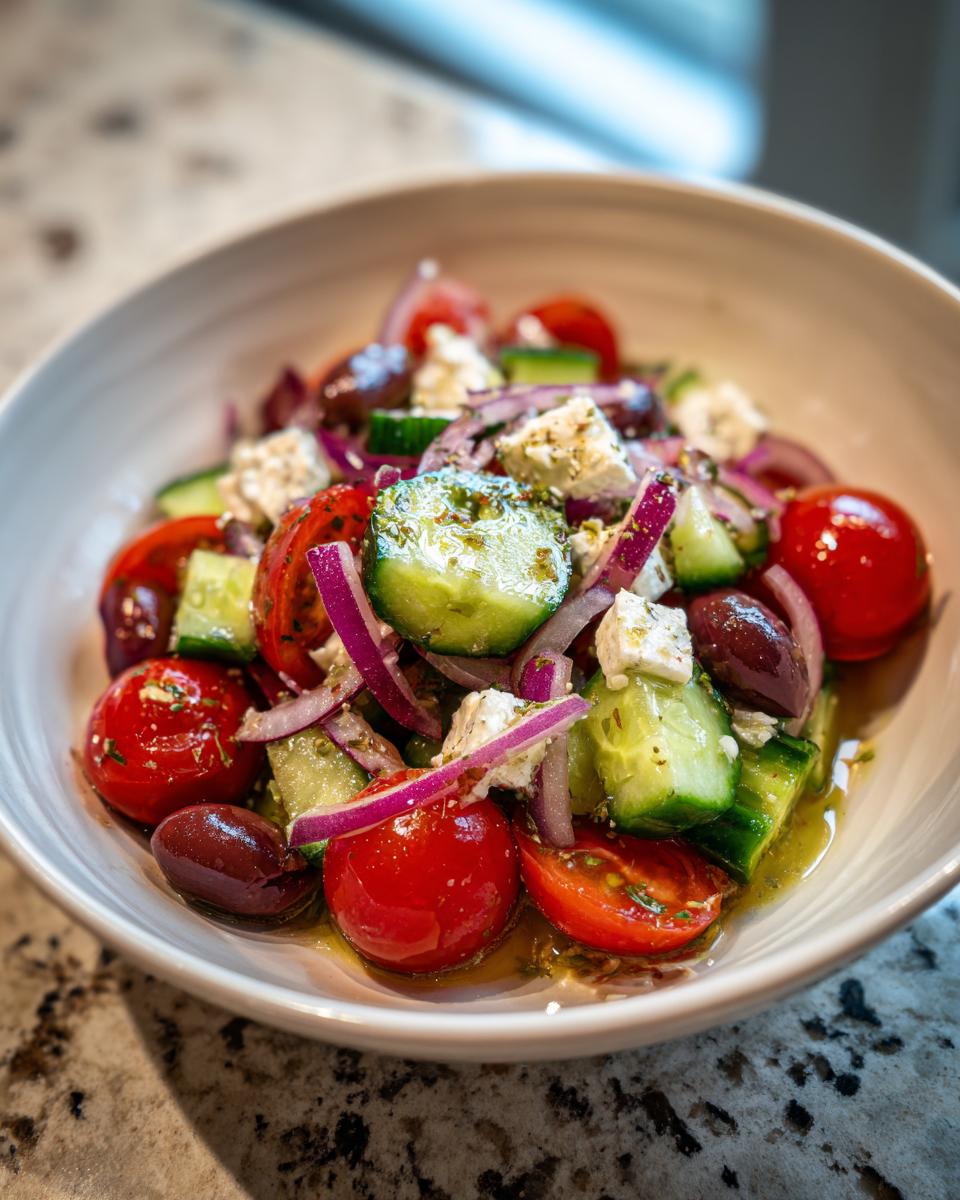 A close-up of a vibrant Greek salad in a white bowl, featuring cherry tomatoes, cucumber, red onion, Kalamata olives, and feta cheese.