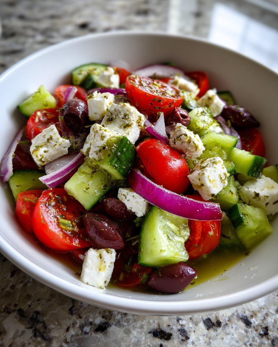 A vibrant bowl of Greek salad featuring fresh tomatoes, cucumbers, red onion, Kalamata olives, and feta cheese.