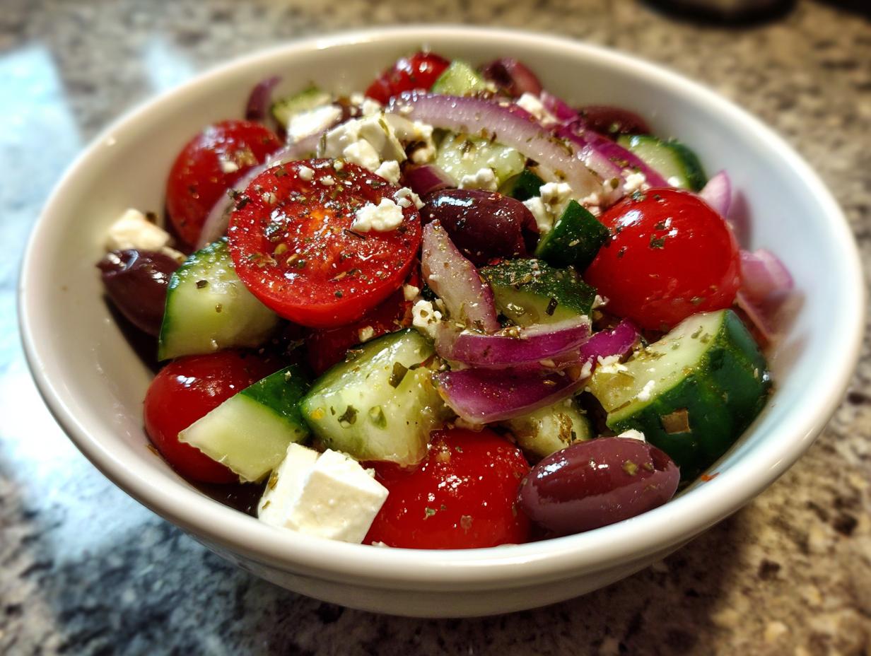 Close-up of a vibrant Greek salad in a white bowl, featuring cherry tomatoes, cucumber, red onion, Kalamata olives, and feta cheese.