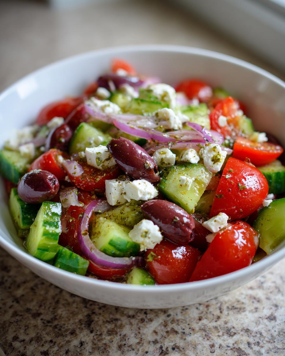 A close-up of a vibrant Greek salad in a white bowl, featuring fresh tomatoes, cucumbers, Kalamata olives, red onion, and feta cheese.