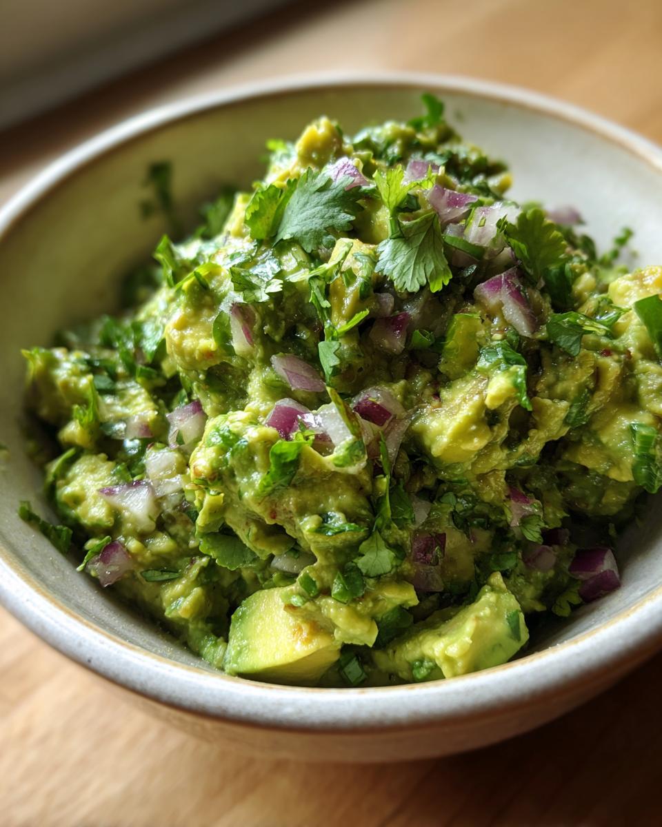 Close-up of a bowl of fresh Guacamole, featuring chunky avocado pieces, red onion, and cilantro.