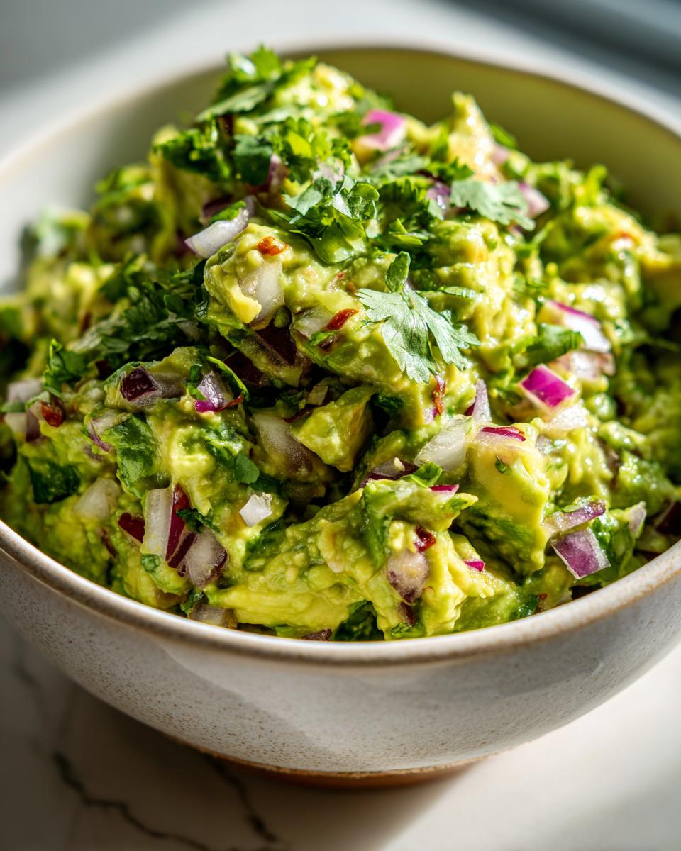 Close-up of a bowl of chunky guacamole, featuring ripe avocados, chopped red onion, and fresh cilantro.