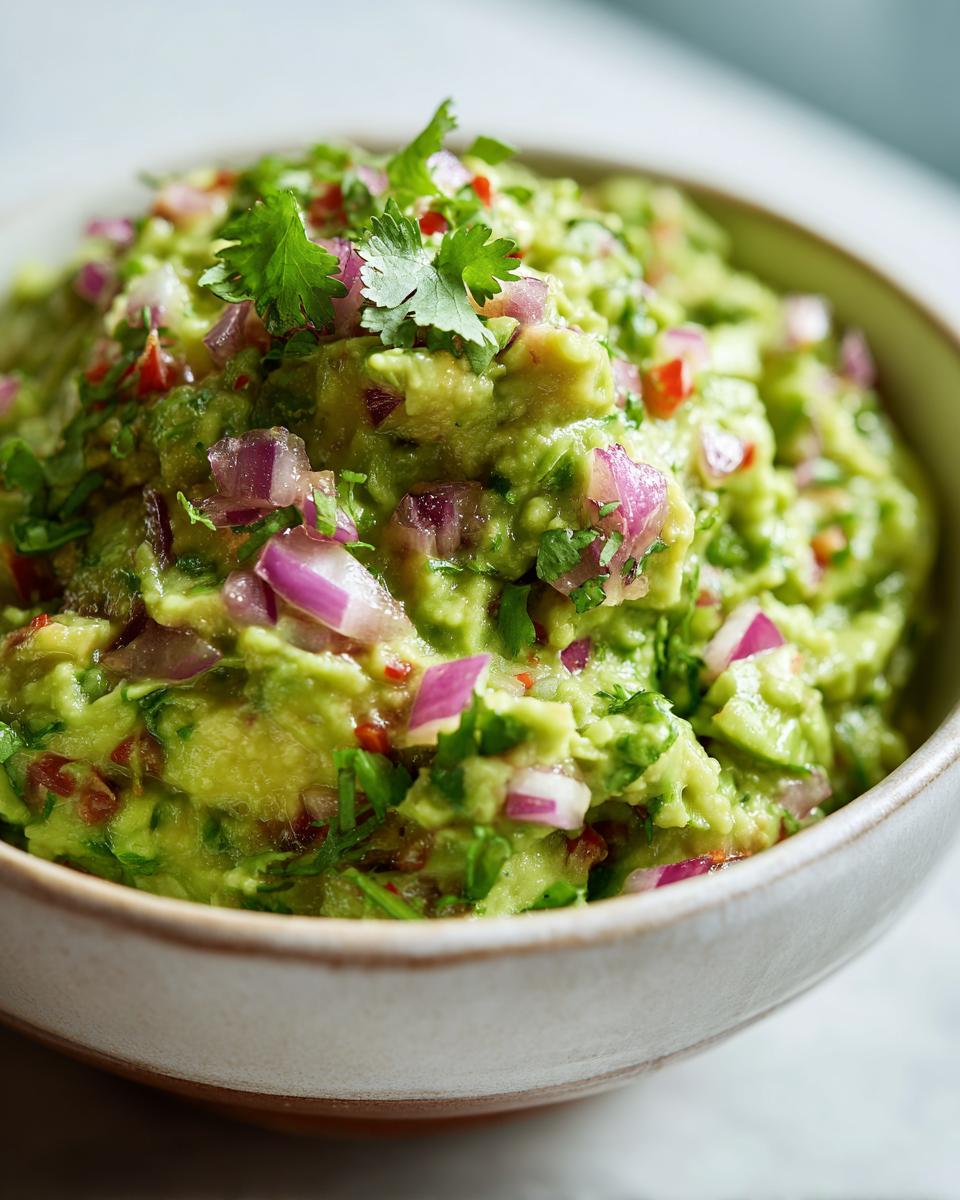 Close-up of a bowl of fresh Guacamole, topped with diced red onion, cilantro, and chili flakes.