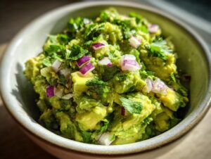 A close-up of a bowl of fresh guacamole, topped with diced red onion and fresh cilantro.