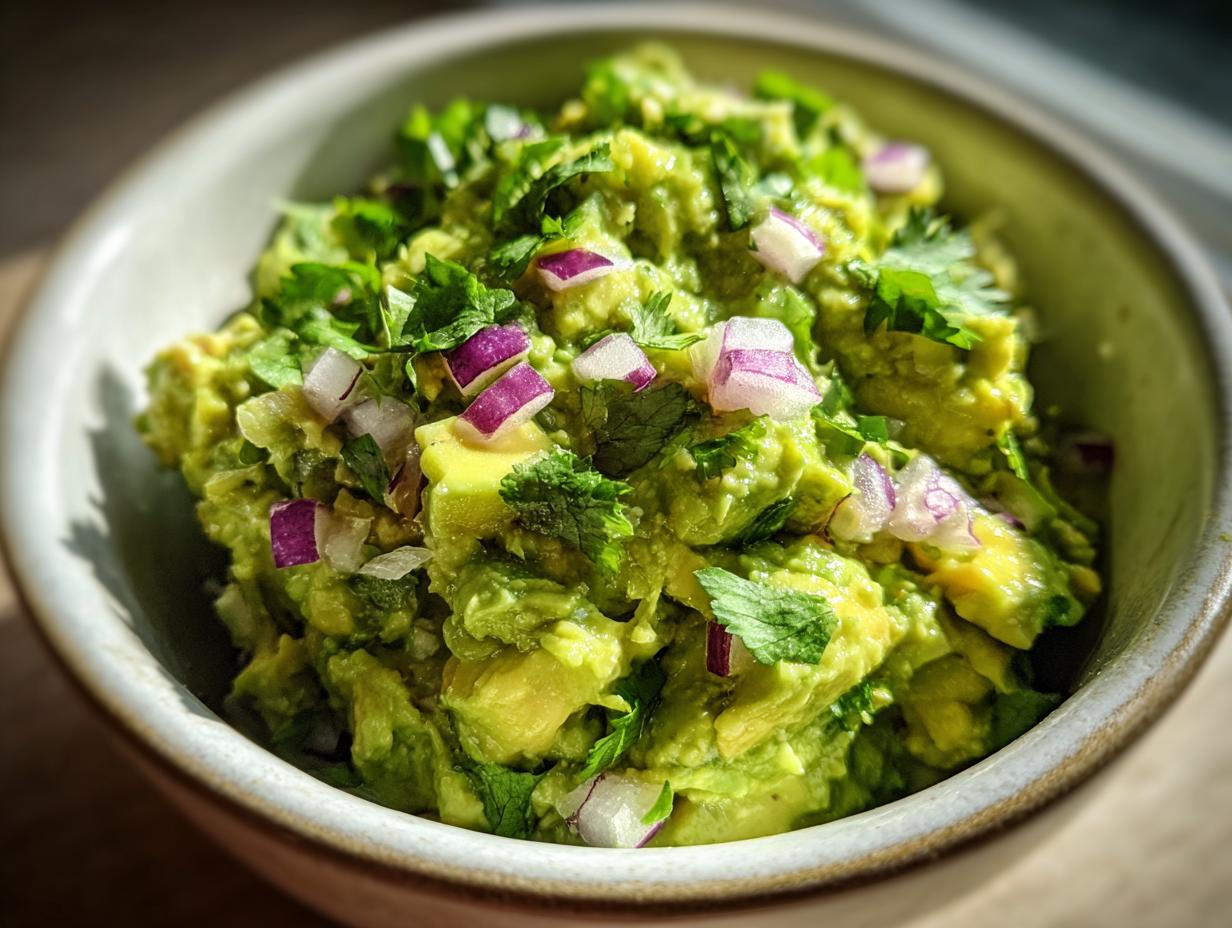 A close-up of a bowl of fresh guacamole, topped with diced red onion and fresh cilantro.