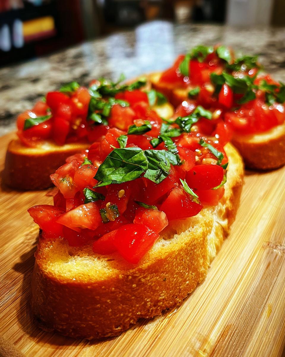 Close-up of fresh tomato bruschetta topped with basil on toasted bread slices.