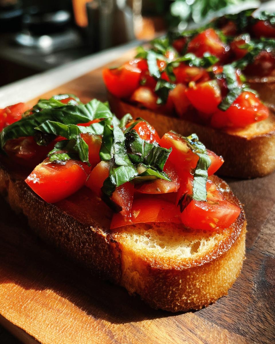 Close-up of fresh tomato bruschetta topped with basil on a wooden board.