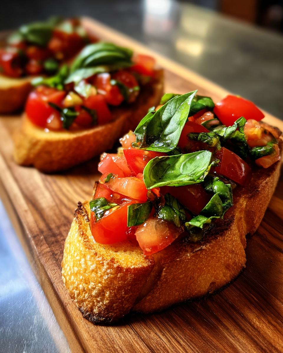 Close-up of delicious Bruschetta topped with fresh tomatoes and basil leaves on a wooden board.