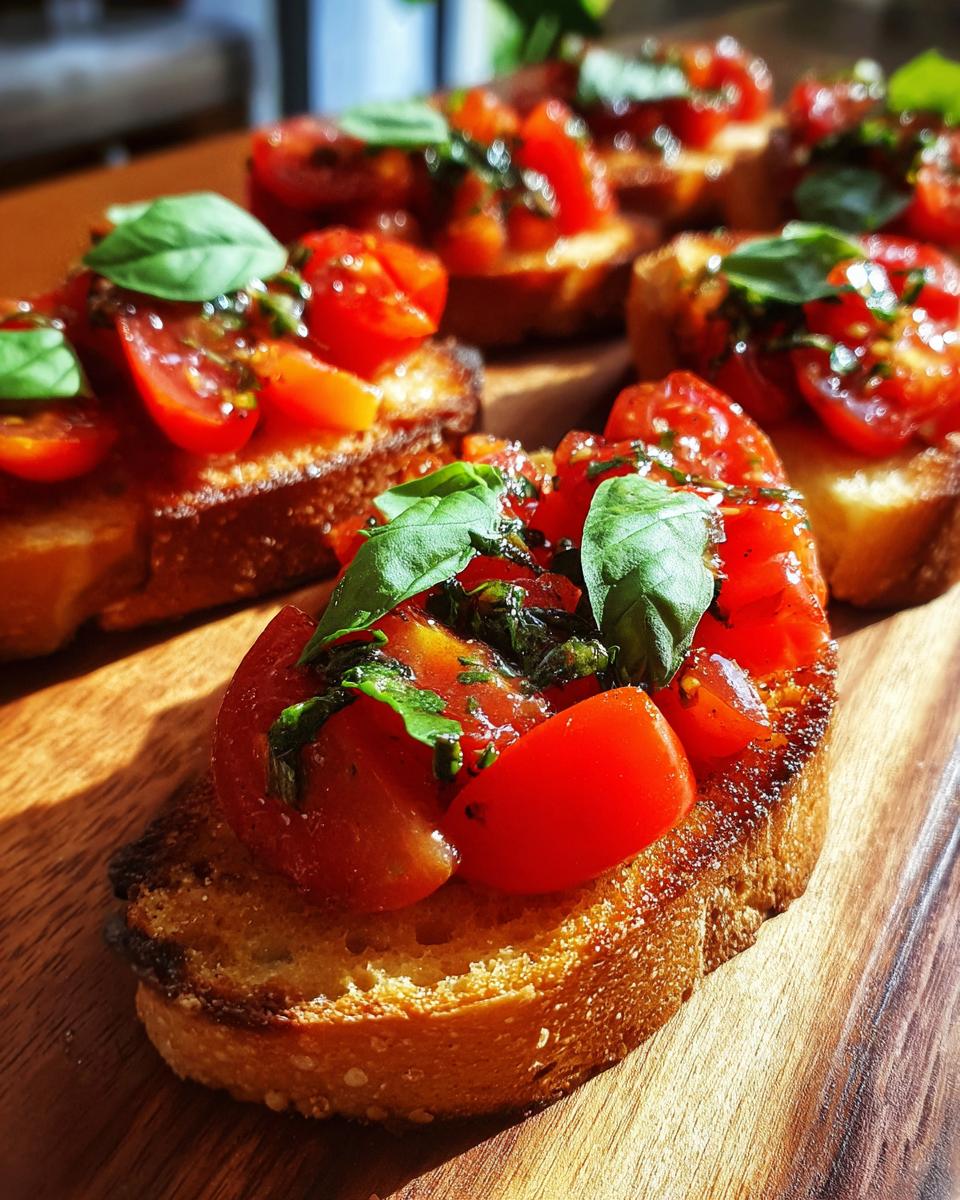 Close-up of fresh tomato bruschetta topped with basil leaves on toasted bread.