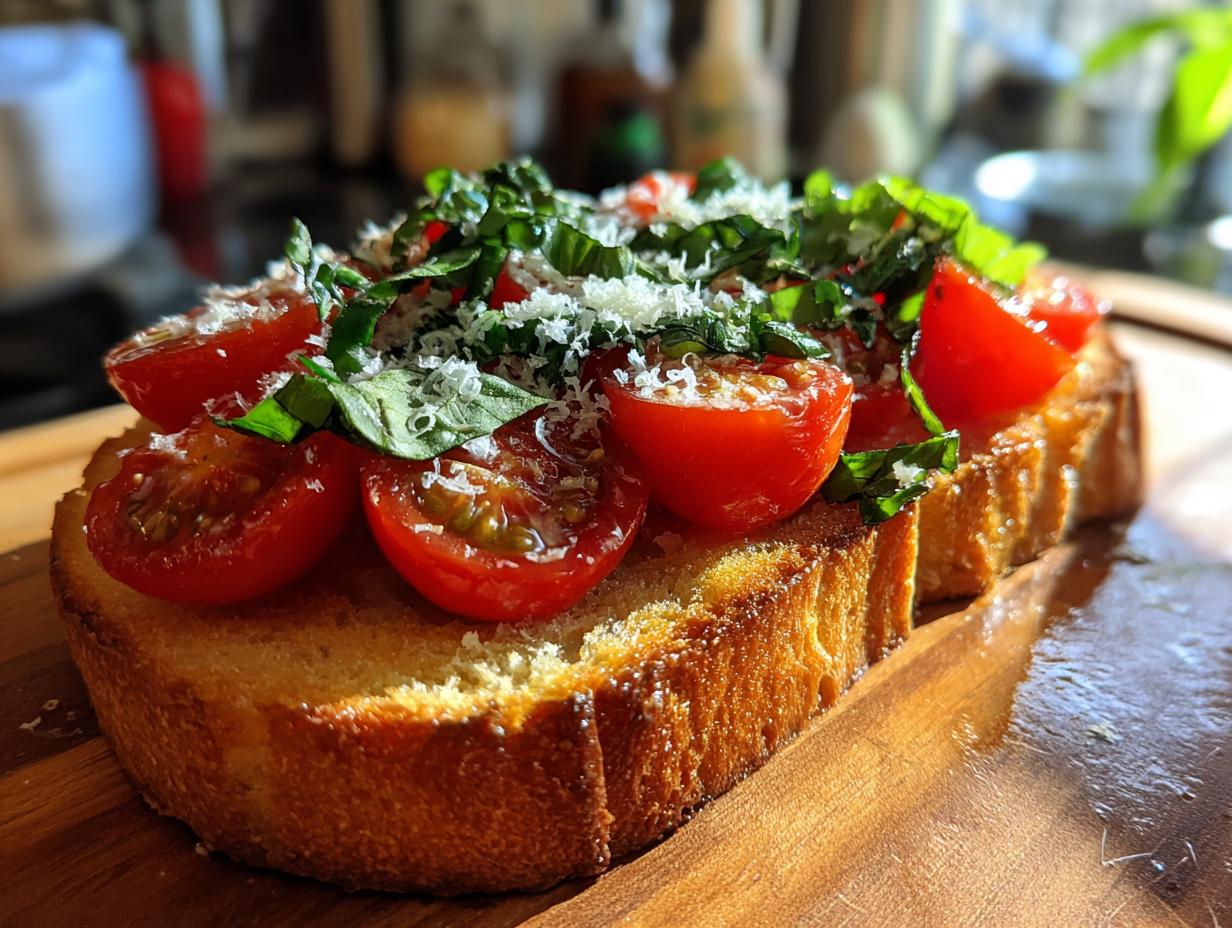 Close-up of a slice of toasted bread topped with fresh cherry tomatoes, basil, and grated cheese, representing Bruschetta.