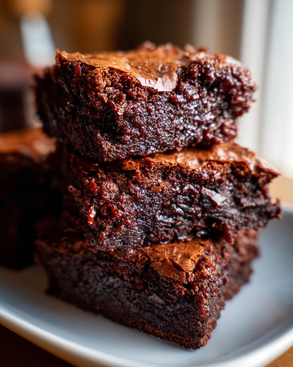 A close-up stack of three rich, dark chocolate fudge brownies with a slightly cracked top.