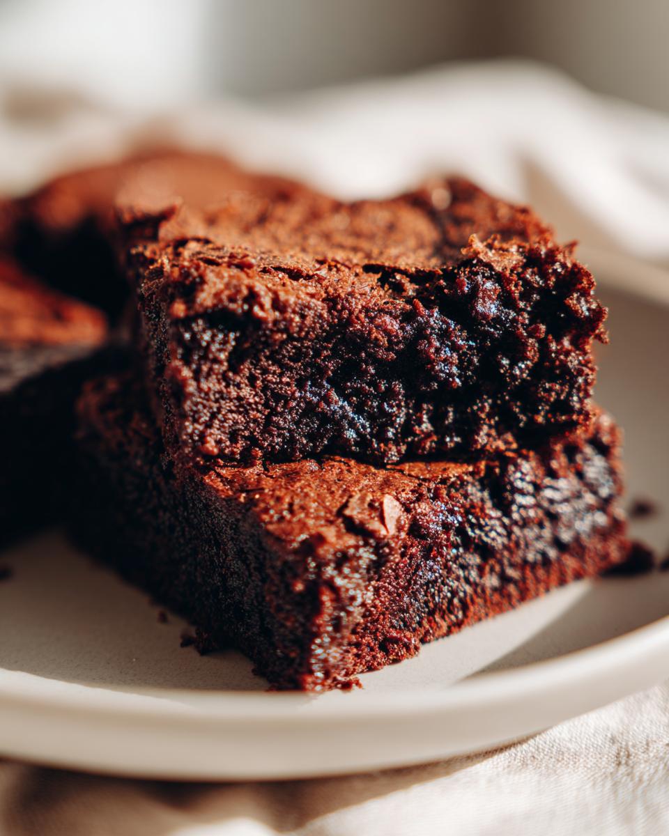 A close-up shot of two stacked Ultimate Fudge Brownies, showcasing their rich, dark chocolate texture and fudgy interior.