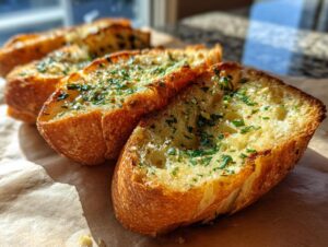 Close-up of golden-brown garlic bread slices topped with fresh parsley and herbs.