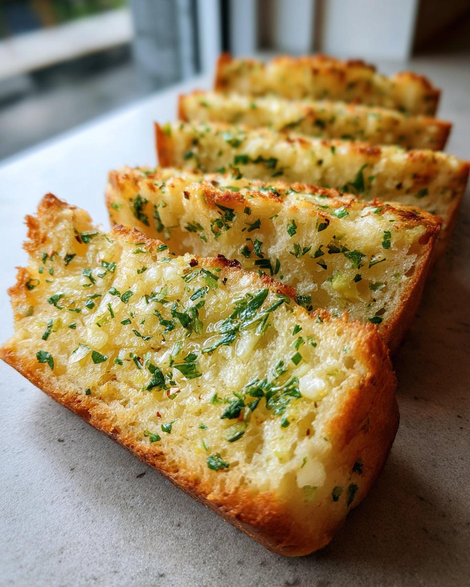 Close-up of golden-brown, toasted garlic bread slices topped with melted butter, garlic, and fresh parsley.